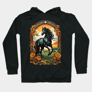 Black Horse Stallion Sunset retro vintage floral design Hoodie